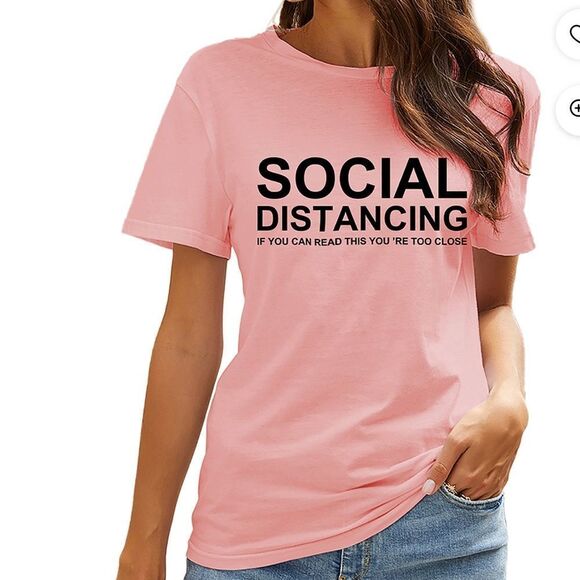 Pink Short Sleeve Graphic Lettering Social Distancing Tee T Shirt NEW - Picture 3 of 3